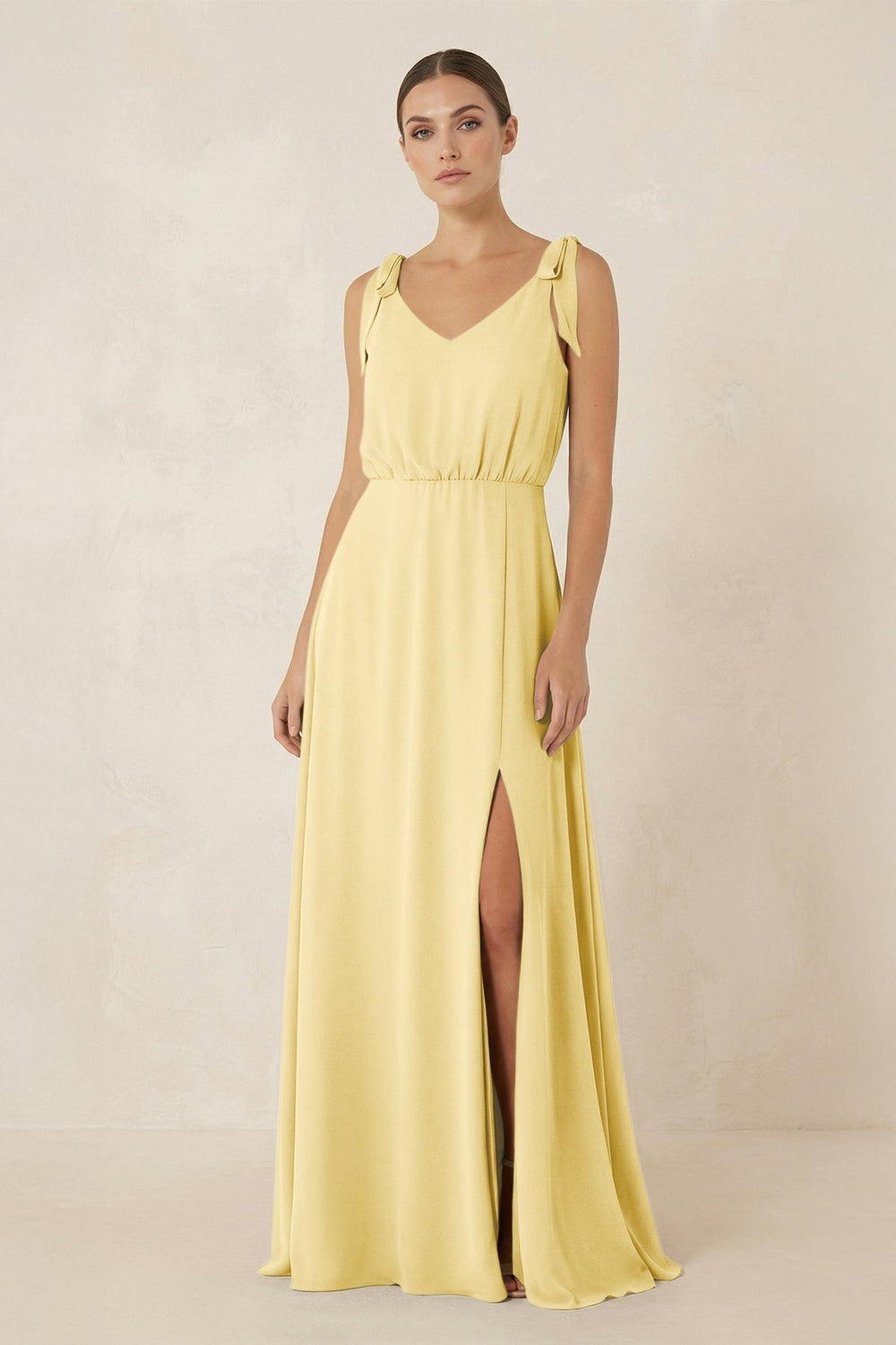 V - Neck A - Line Chiffon Bridesmaid Dress in Pastel Yellow - SHE IS ME Bridesmaid Dresses