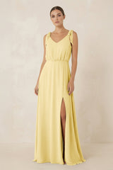 V - Neck A - Line Chiffon Bridesmaid Dress in Pastel Yellow - KISS BRIDAL Bridesmaid Dresses