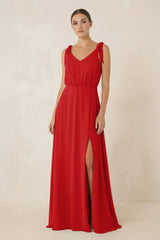 V - Neck A - Line Chiffon Bridesmaid Dress in Ruby Red - KISS BRIDAL Bridesmaid Dresses