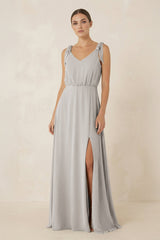 V - Neck A - Line Chiffon Bridesmaid Dress in Silver - KISS BRIDAL Bridesmaid Dresses