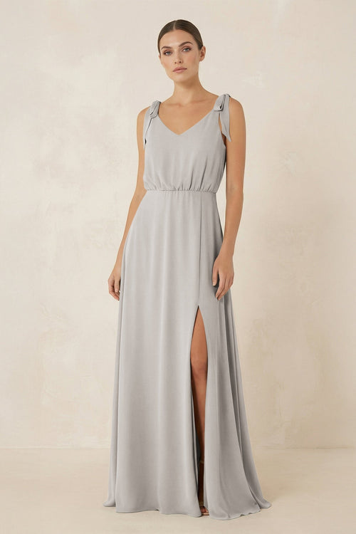 V - Neck A - Line Chiffon Bridesmaid Dress in Silver - SHE IS ME Bridesmaid Dresses