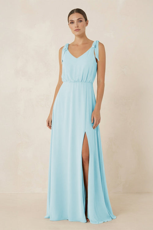 V - Neck A - Line Chiffon Bridesmaid Dress in Sky Blue - SHE IS ME Bridesmaid Dresses