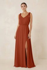V - Neck A - Line Chiffon Bridesmaid Dress in Spice - KISS BRIDAL Bridesmaid Dresses