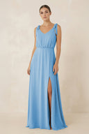 V - Neck A - Line Chiffon Bridesmaid Dress in Steel Blue - SHE IS ME Bridesmaid Dresses