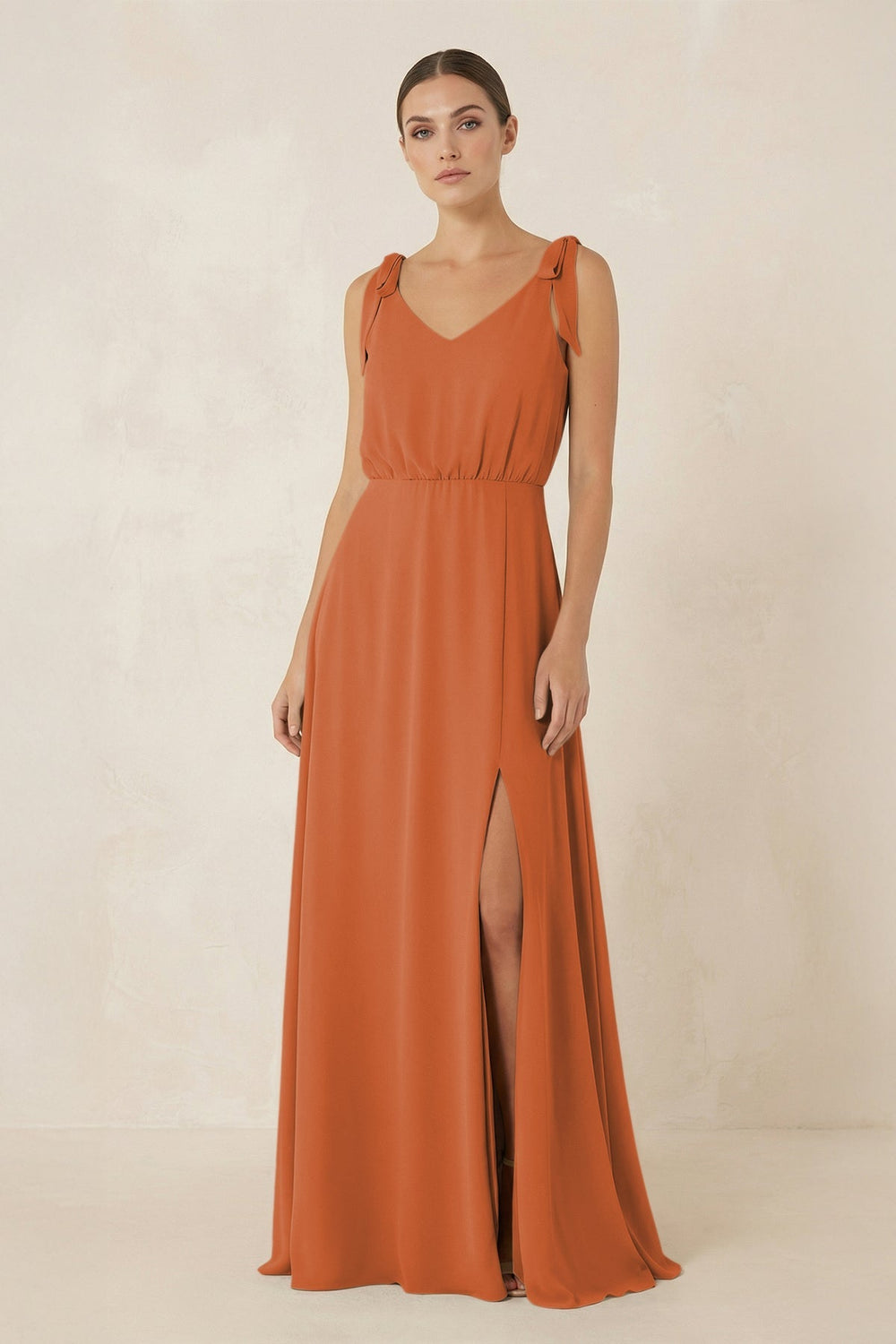 V - Neck A - Line Chiffon Bridesmaid Dress in Terracotta - KISS BRIDAL Bridesmaid Dresses