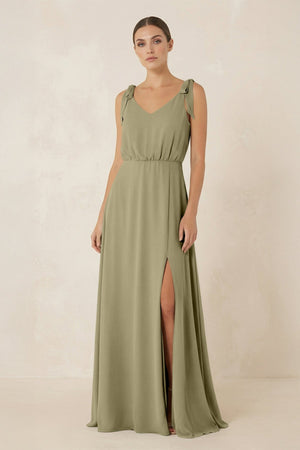 V - Neck A - Line Chiffon Bridesmaid Dress in Thyme - SHE IS ME Bridesmaid Dresses