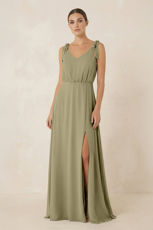 V - Neck A - Line Chiffon Bridesmaid Dress in Thyme - SHE IS ME Bridesmaid Dresses