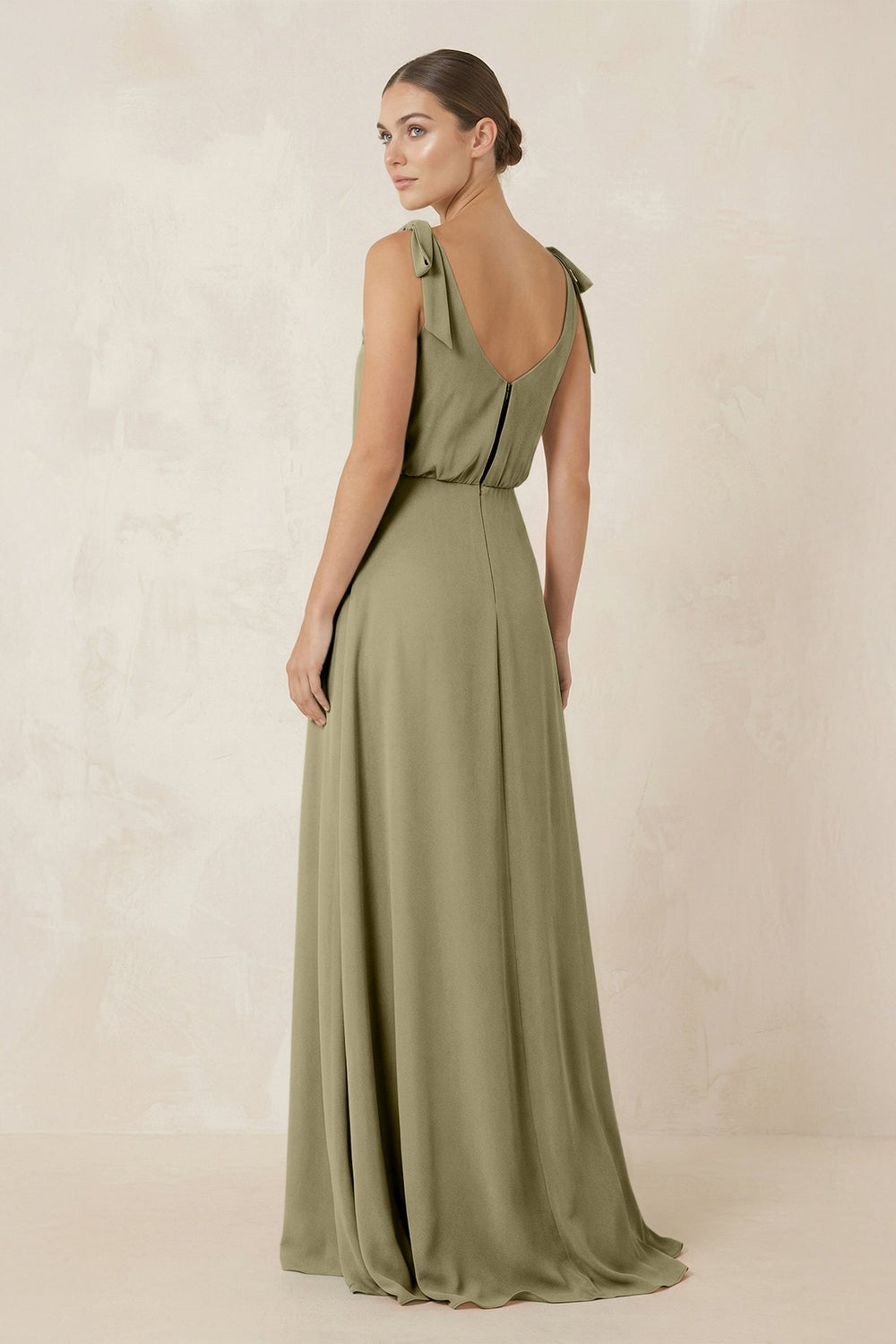V - Neck A - Line Chiffon Bridesmaid Dress in Thyme - SHE IS ME Bridesmaid Dresses
