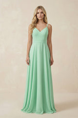 V-Neck A-Line Chiffon Bridesmaid Dress with Crisscross Back in Pale Pistachio - KISS BRIDAL BRIDESMAID DRESSES
