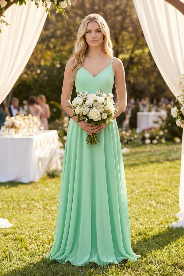 V-Neck A-Line Chiffon Bridesmaid Dress with Crisscross Back in Pale Pistachio - SHE IS ME BRIDESMAID DRESSES