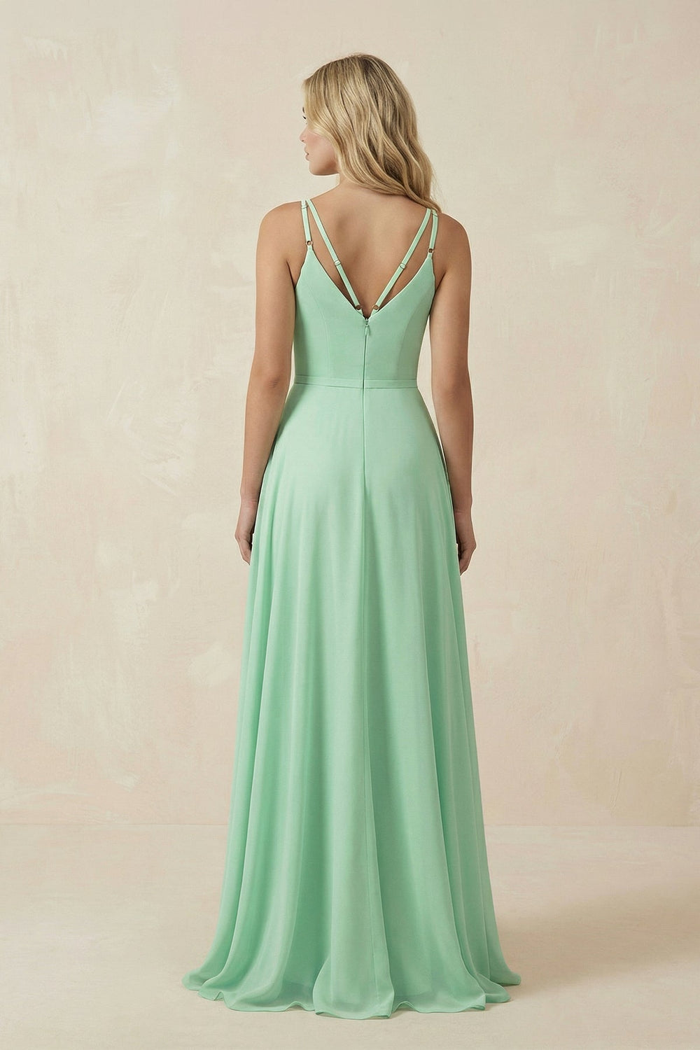 V-Neck A-Line Chiffon Bridesmaid Dress with Crisscross Back in Pale Pistachio - SHE IS ME BRIDESMAID DRESSES