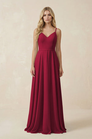 V - Neck A - Line Chiffon Bridesmaid Dress with Crisscross Back in Berry - SHE IS ME Bridesmaid Dresses