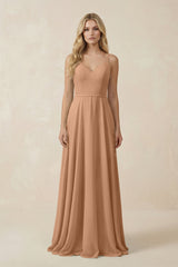 V - Neck A - Line Chiffon Bridesmaid Dress with Crisscross Back in Bronzer - KISS BRIDAL Bridesmaid Dresses