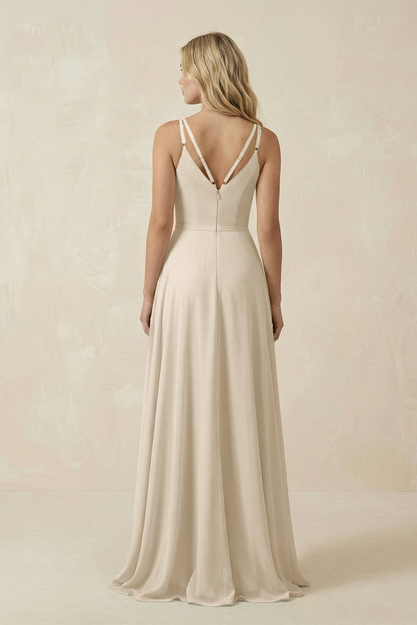 V - Neck A - Line Chiffon Bridesmaid Dress with Crisscross Back in Champagne - SHE IS ME Bridesmaid Dresses