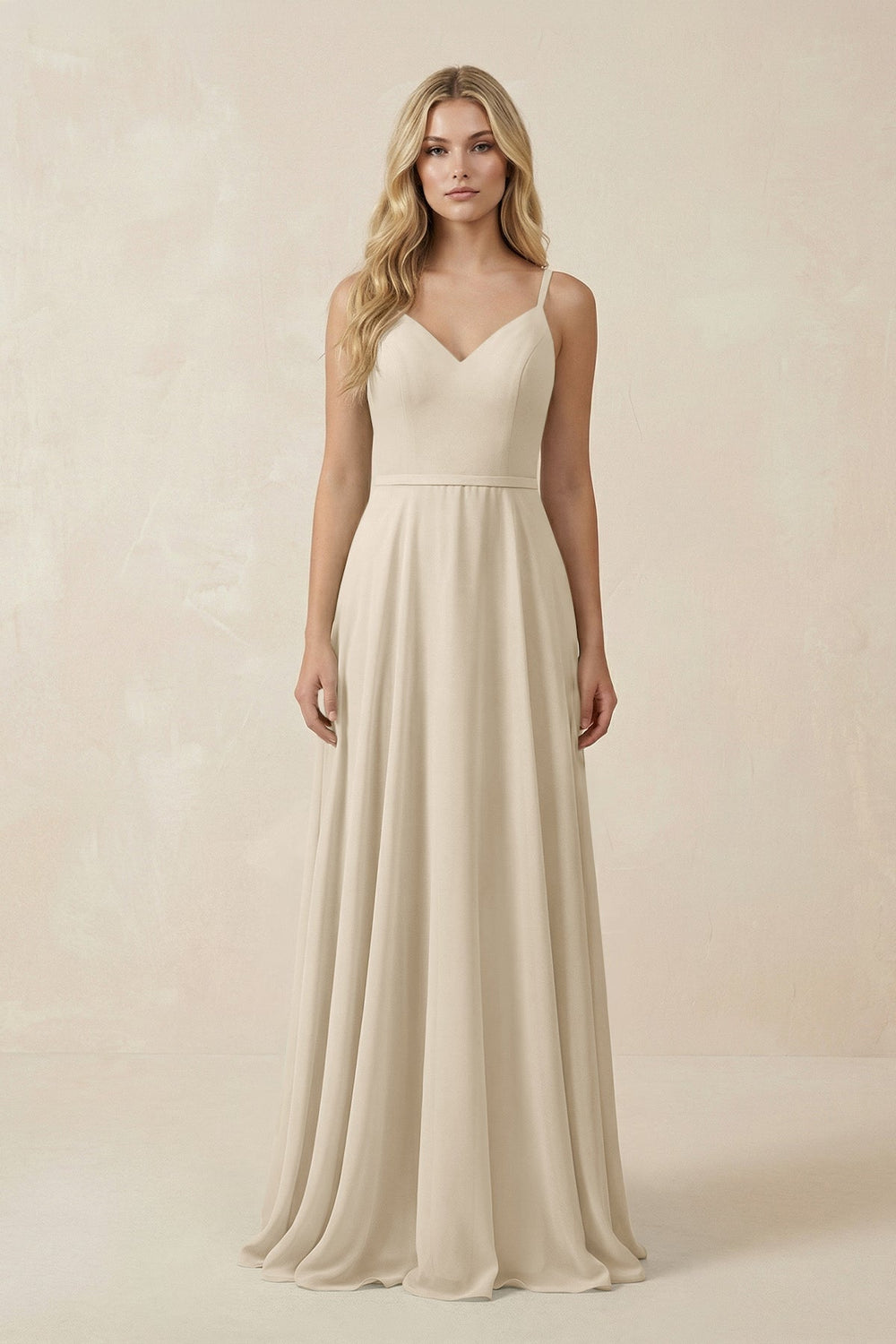 V - Neck A - Line Chiffon Bridesmaid Dress with Crisscross Back in Champagne - SHE IS ME Bridesmaid Dresses