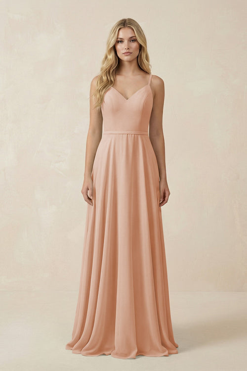 V - Neck A - Line Chiffon Bridesmaid Dress with Crisscross Back in Champagne Rose - SHE IS ME Bridesmaid Dresses