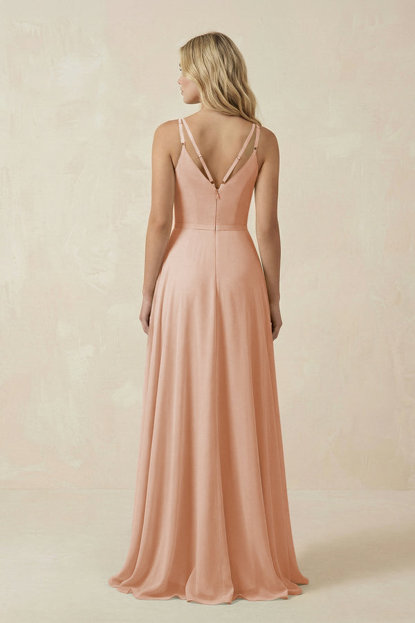 V - Neck A - Line Chiffon Bridesmaid Dress with Crisscross Back in Champagne Rose - SHE IS ME Bridesmaid Dresses