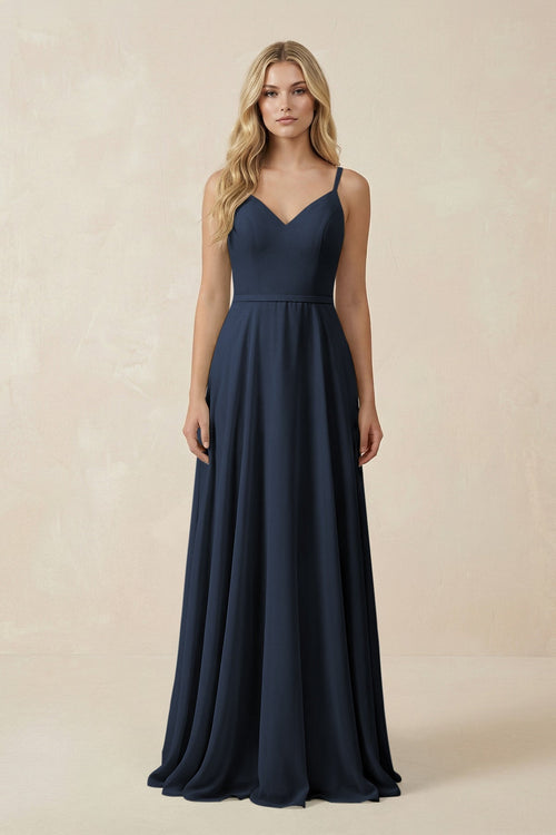 V - Neck A - Line Chiffon Bridesmaid Dress with Crisscross Back in Dark Navy - SHE IS ME Bridesmaid Dresses