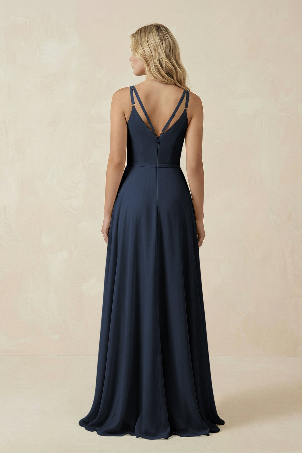 V - Neck A - Line Chiffon Bridesmaid Dress with Crisscross Back in Dark Navy - SHE IS ME Bridesmaid Dresses