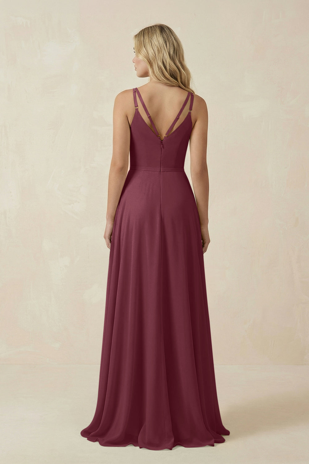 V-Neck A-Line Chiffon Bridesmaid Dress with Crisscross Back in Desert Rose