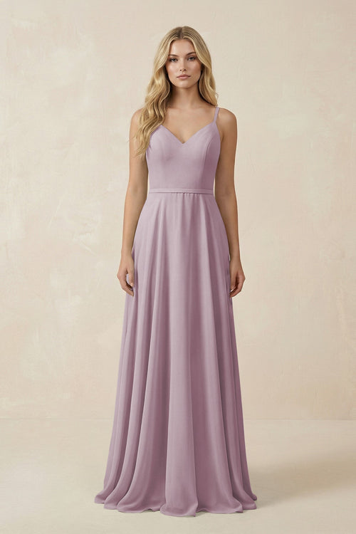 V - Neck A - Line Chiffon Bridesmaid Dress with Crisscross Back in Dusk - SHE IS ME Bridesmaid Dresses