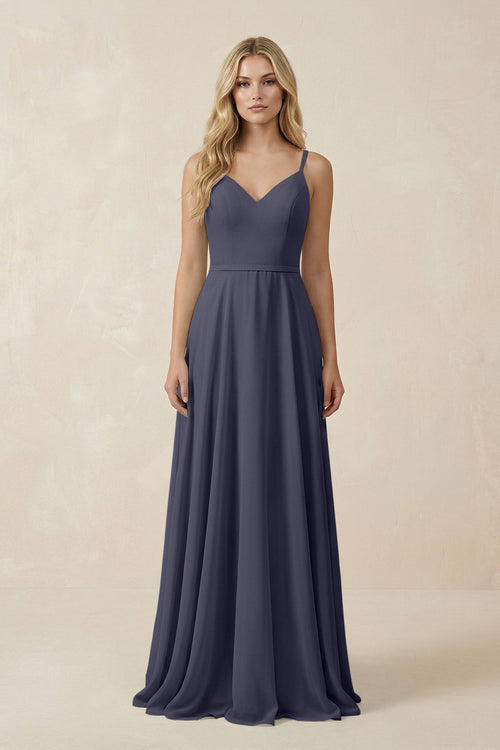 V - Neck A - Line Chiffon Bridesmaid Dress with Crisscross Back in Dusk Blue - SHE IS ME Bridesmaid Dresses