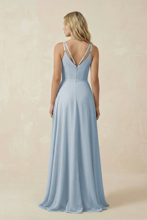 V - Neck A - Line Chiffon Bridesmaid Dress with Crisscross Back in Dusty Blue - SHE IS ME Bridesmaid Dresses