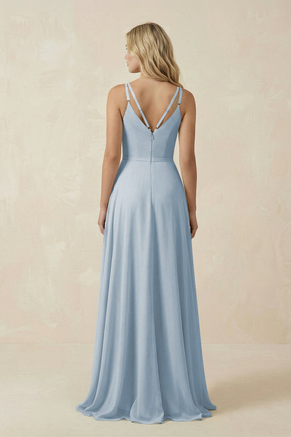 V - Neck A - Line Chiffon Bridesmaid Dress with Crisscross Back in Dusty Blue - SHE IS ME Bridesmaid Dresses