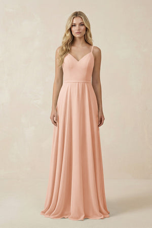 V - Neck A - Line Chiffon Bridesmaid Dress with Crisscross Back in English Rose - SHE IS ME Bridesmaid Dresses