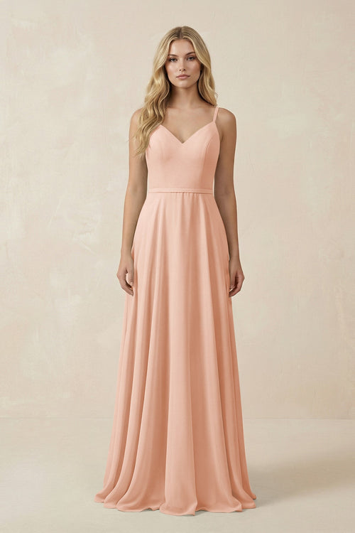 V - Neck A - Line Chiffon Bridesmaid Dress with Crisscross Back in English Rose - SHE IS ME Bridesmaid Dresses