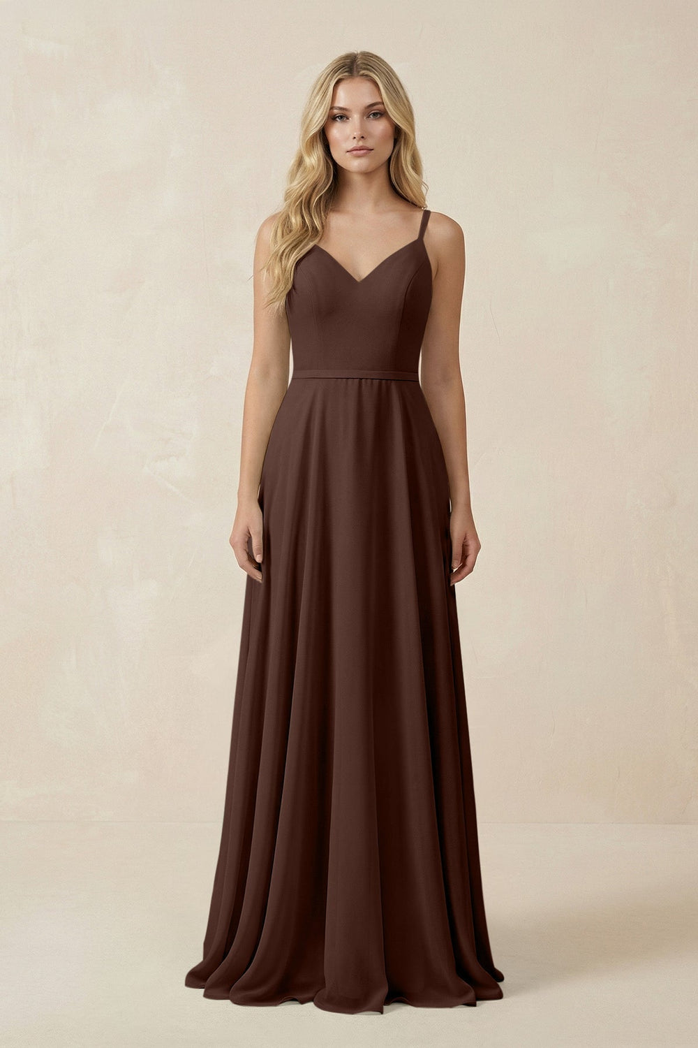 V - Neck A - Line Chiffon Bridesmaid Dress with Crisscross Back in Espresso - SHE IS ME Bridesmaid Dresses