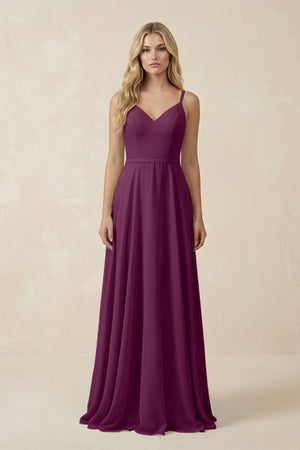 V - Neck A - Line Chiffon Bridesmaid Dress with Crisscross Back in Fig - SHE IS ME Bridesmaid Dresses