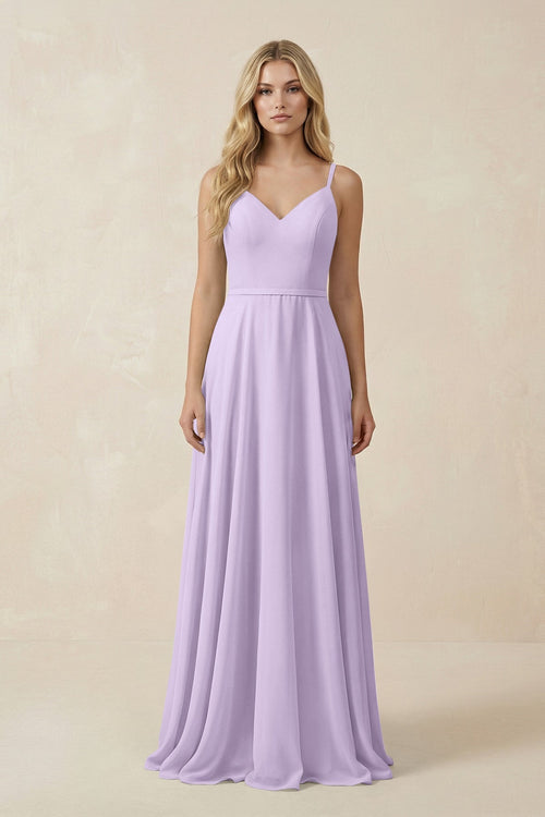 V - Neck A - Line Chiffon Bridesmaid Dress with Crisscross Back in Lavender - SHE IS ME Bridesmaid Dresses