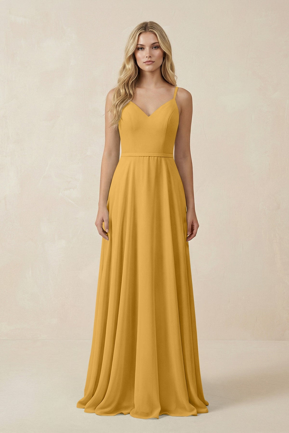 V - Neck A - Line Chiffon Bridesmaid Dress with Crisscross Back in Marigold - SHE IS ME Bridesmaid Dresses