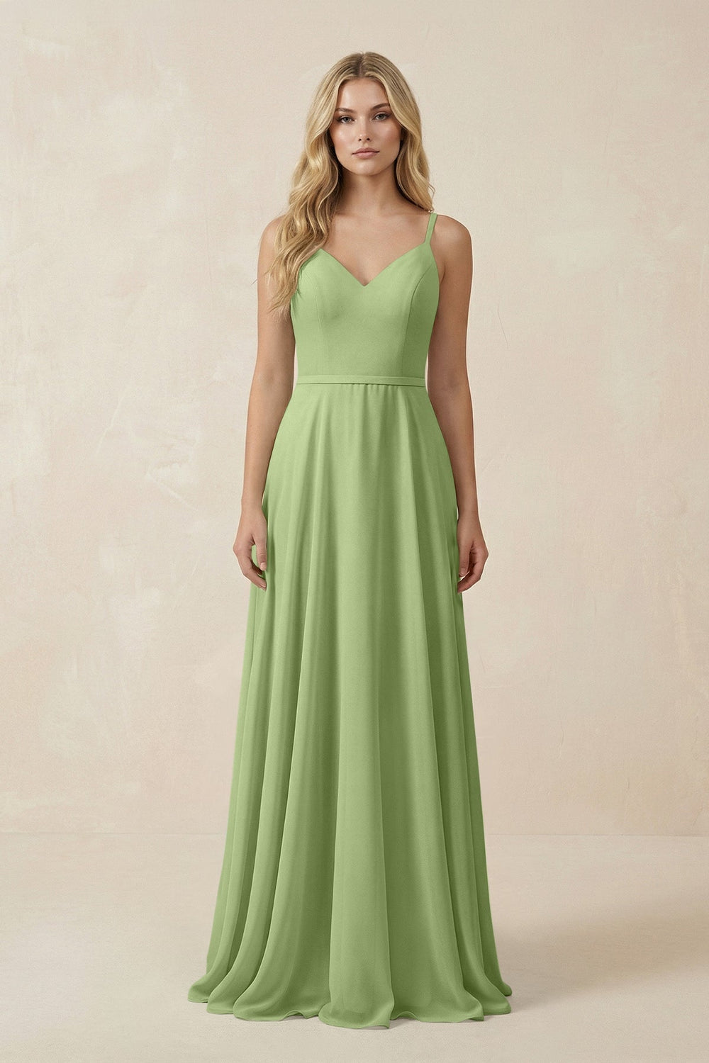 V - Neck A - Line Chiffon Bridesmaid Dress with Crisscross Back in Matcha - SHE IS ME Bridesmaid Dresses