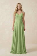 V - Neck A - Line Chiffon Bridesmaid Dress with Crisscross Back in Matcha - SHE IS ME Bridesmaid Dresses