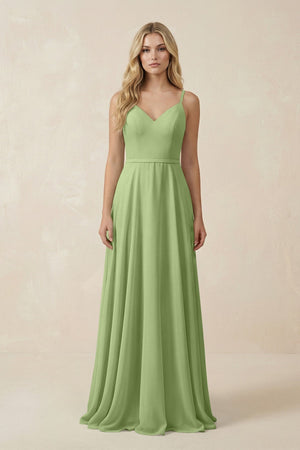 V - Neck A - Line Chiffon Bridesmaid Dress with Crisscross Back in Matcha - SHE IS ME Bridesmaid Dresses