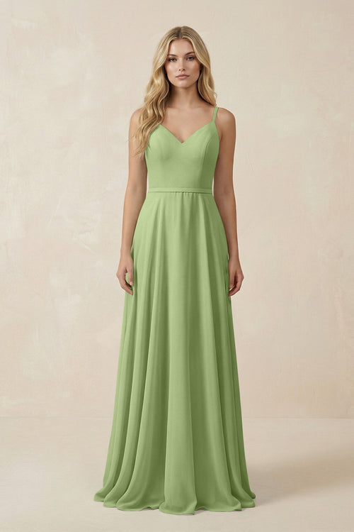 V - Neck A - Line Chiffon Bridesmaid Dress with Crisscross Back in Matcha - SHE IS ME Bridesmaid Dresses