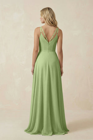 V - Neck A - Line Chiffon Bridesmaid Dress with Crisscross Back in Matcha - SHE IS ME Bridesmaid Dresses