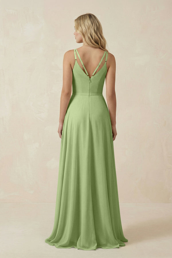 V - Neck A - Line Chiffon Bridesmaid Dress with Crisscross Back in Matcha - SHE IS ME Bridesmaid Dresses