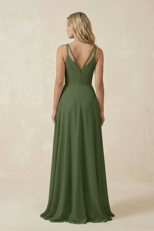 V-Neck A-Line Chiffon Bridesmaid Dress with Crisscross Back in Moss (2) | KISSBRIDAL