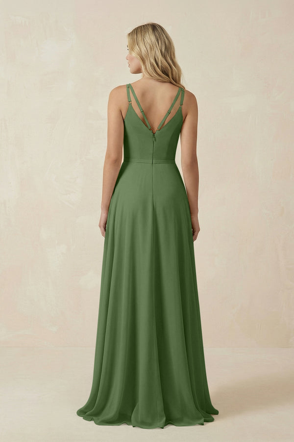 V - Neck A - Line Chiffon Bridesmaid Dress with Crisscross Back in Moss - SHE IS ME Bridesmaid Dresses