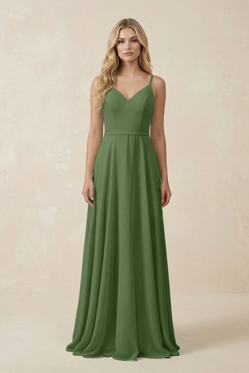 V - Neck A - Line Chiffon Bridesmaid Dress with Crisscross Back in Moss - SHE IS ME Bridesmaid Dresses