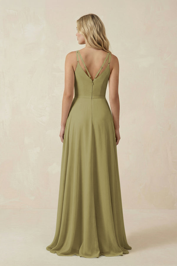 V-Neck A-Line Chiffon Bridesmaid Dress with Crisscross Back in Moss Green (2) | KISSBRIDAL