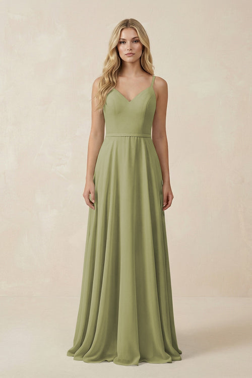 V - Neck A - Line Chiffon Bridesmaid Dress with Crisscross Back in Moss Green - SHE IS ME Bridesmaid Dresses