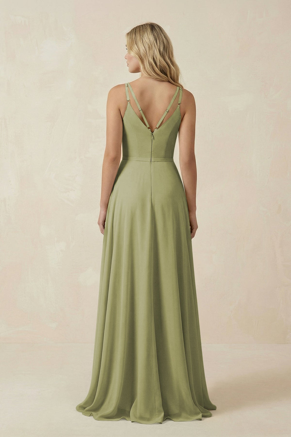 V - Neck A - Line Chiffon Bridesmaid Dress with Crisscross Back in Moss Green - SHE IS ME Bridesmaid Dresses