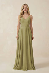 V-Neck A-Line Chiffon Bridesmaid Dress with Crisscross Back in Moss Green | KISSBRIDAL