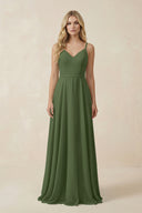 V-Neck A-Line Chiffon Bridesmaid Dress with Crisscross Back in Moss | KISSBRIDAL