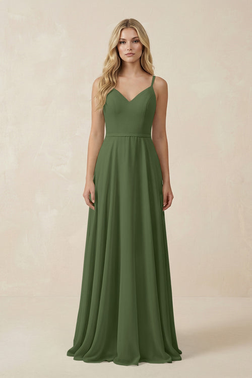 V-Neck A-Line Chiffon Bridesmaid Dress with Crisscross Back in Moss | KISSBRIDAL