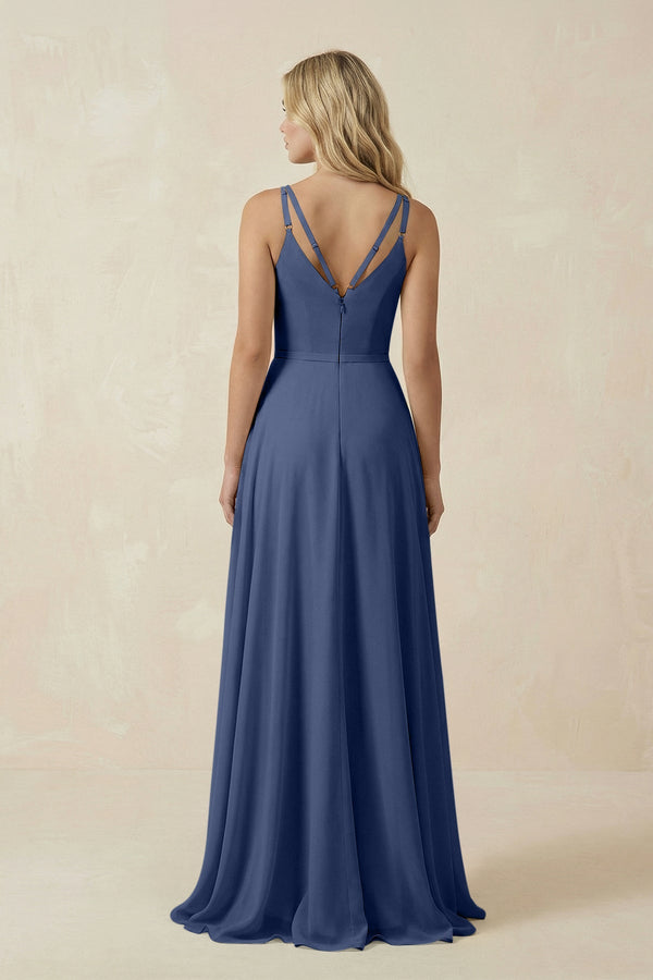 V - Neck A - Line Chiffon Bridesmaid Dress with Crisscross Back in Navy - SHE IS ME Bridesmaid Dresses